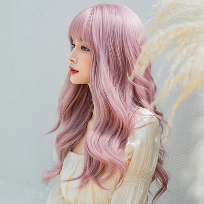 Kawaii Dreamy Sakura Pink Wavy Wig 🌸✨ | High-Density Curly Hair with Bangs for Sweet Girls 💖🎀