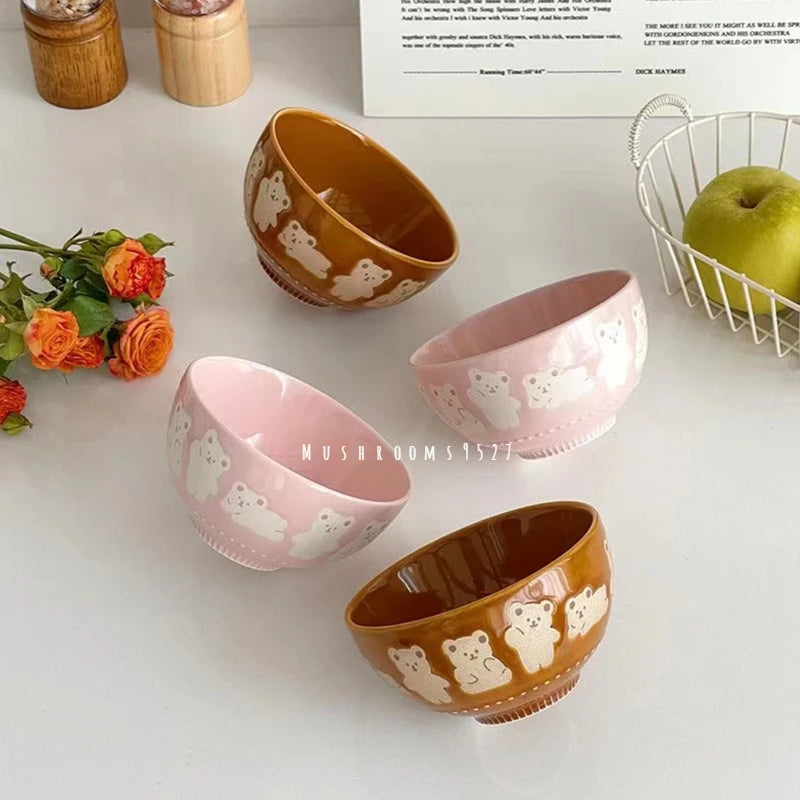 Adorable Pink Bear Embossed Ceramic Snack Bowl 🐻🍚✨