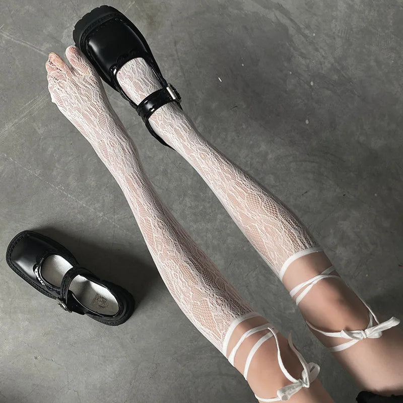 Chic Split Toe Socks With Strappy Lace Fishnet Stockings JK Lolita Knee High 😺🧦✨