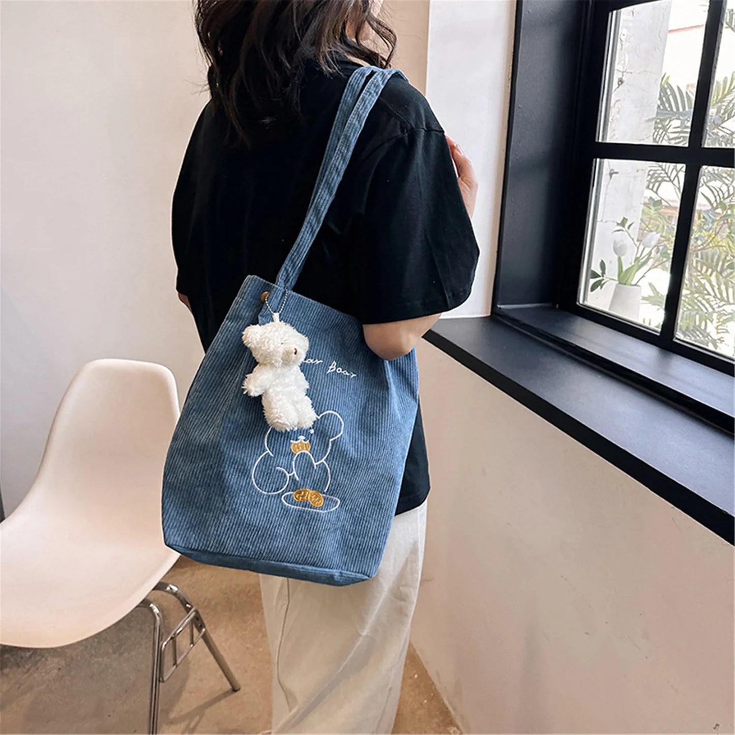 Kawaii Bear Corduroy Tote Bag - Whimsical and Foldable Shopping Companion! 🐻✨