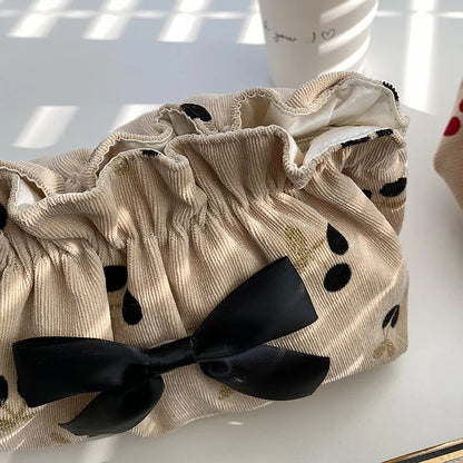 Cherry Print Corduroy Cosmetic Bag For Women Large Capacity Travel Case 💄👜