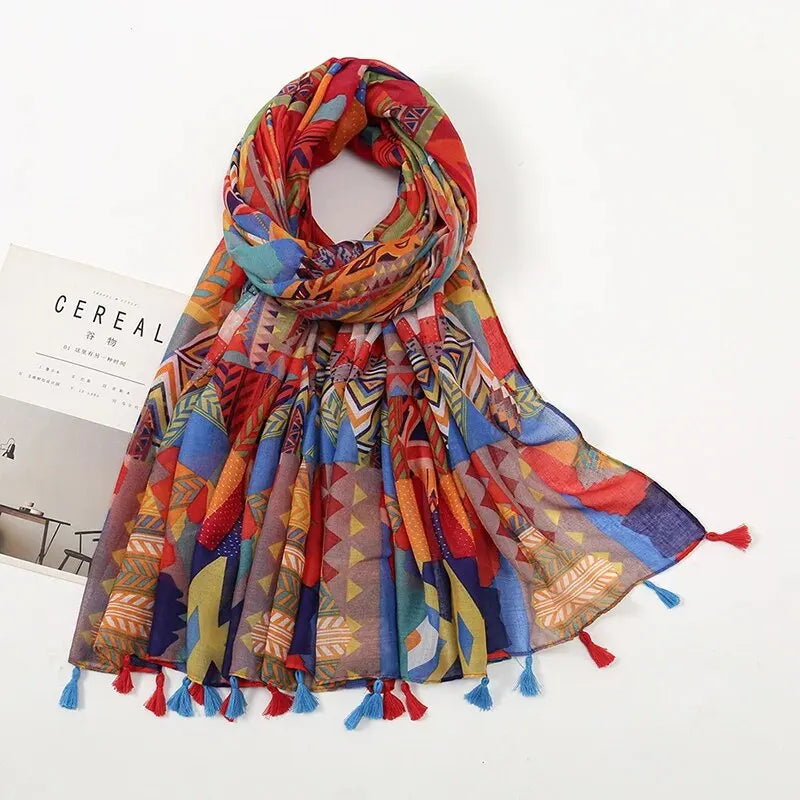 Floral Tassel Shawl For Women Sun Shield Wrap 180x90cm Cotton Viscose Hijab 🌸🧣