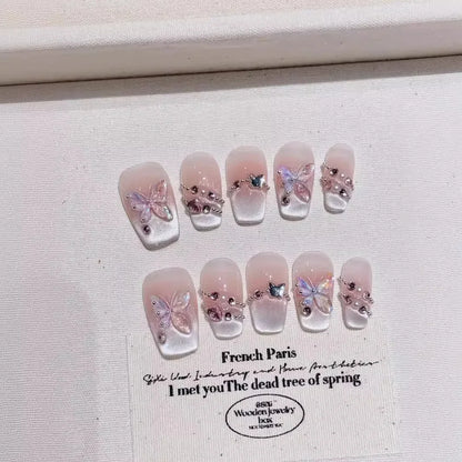 Kawaii 10-Piece Pink Coffin Press-On Nails with 3D Rhinestones & Butterfly Design 🦋💖✨ - Reusable & Easy to Apply!