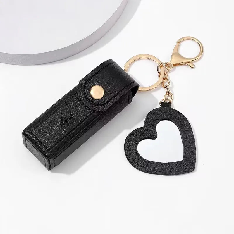 Kawaii Leather Lipstick Keychain Pouch 💄✨ - Cute Makeup Holder with Mirror & Zipper Closure! 👜💕