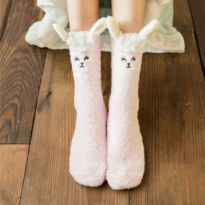 Kawaii Cozy Critter Socks 🐾🧦 | Fuzzy Fluffy Coral Fleece for Adults | Cute Cat, Rabbit, Alpaca & Giraffe Designs for Winter Warmth ❄️✨