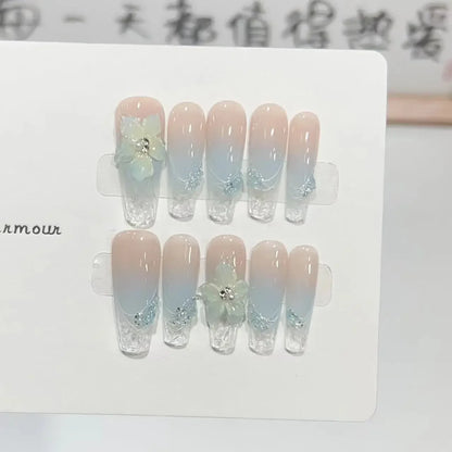 Kawaii Cherry Blossom Cat Eye Coffin Nails 🌸✨ | 10pcs Handmade Press-On Manicure Set 💖💅