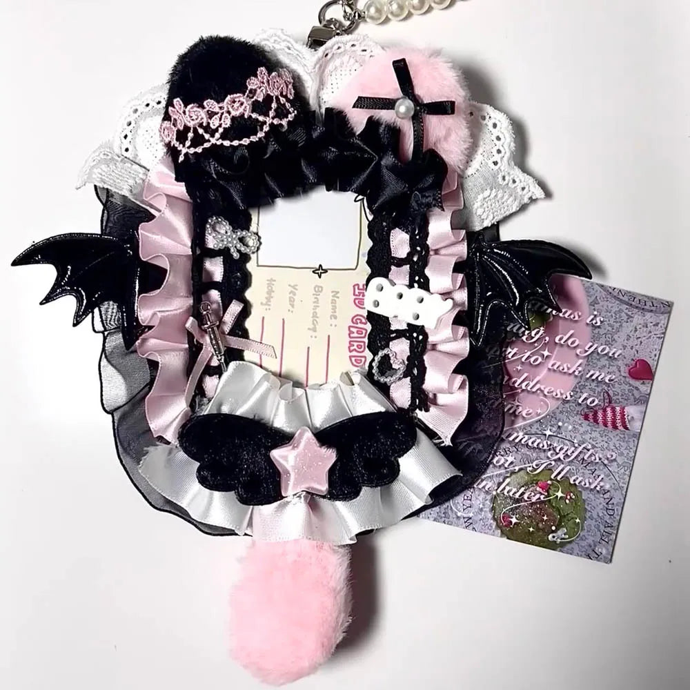 Kpop Idol Photo Holder Poker Storage Decor with Lace and Ribbon Plush Ears Cute Photocard Top Loader