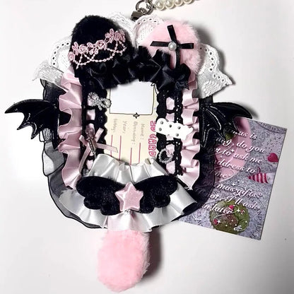 Kpop Idol Photo Holder Poker Storage Decor with Lace and Ribbon Plush Ears Cute Photocard Top Loader