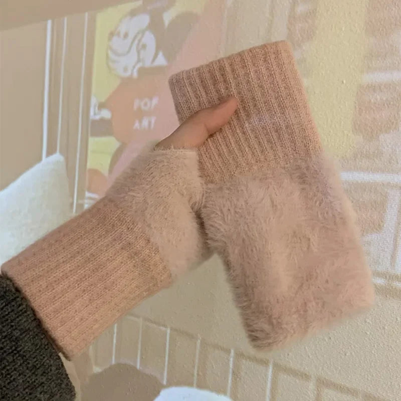 Cozy Plush Knit Fingerless Gloves For Women Warm White Wrist Mittens ❄️