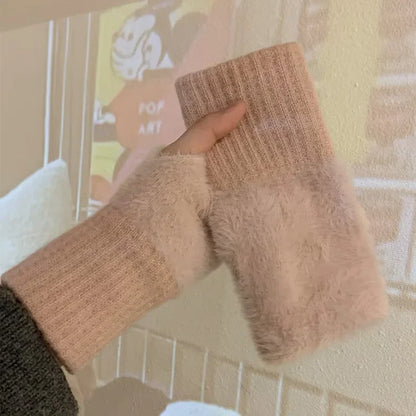 Cozy Plush Knit Fingerless Gloves For Women Warm White Wrist Mittens ❄️