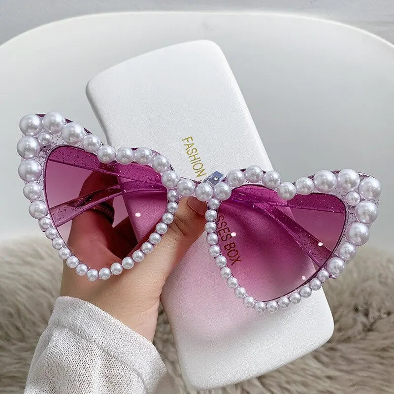 Kawaii Heart-Shaped Shimmering Pearl Sunglasses 💖✨ - Trendy Bling Casual Eyewear for Women 🌸🕶️