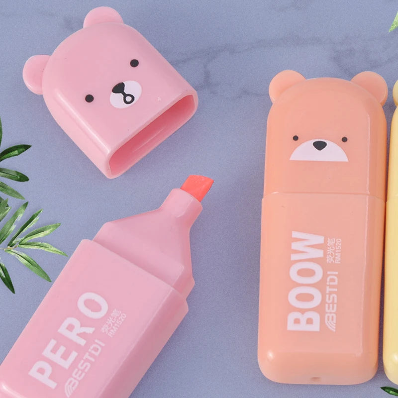 Adorable Kawaii Bear Highlighter Pens ✨🖍️ - Cute 4/5/6 Pack Candy Color Neon Markers for School Supplies!