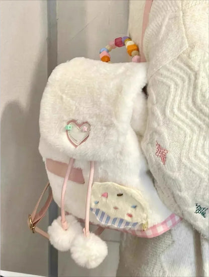 Kawaii Plush Heart Plaid Backpack 🎒✨ Cute Mochila for Students & Commuters 💖 All-match Women's School Bag!