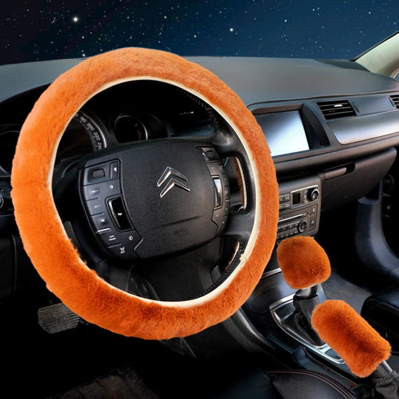 Cozy Kawaii Plush Rabbit Fur Steering Wheel Cover Set 🐰✨ | Warm Winter Handbrake & Shift Sleeve | 38cm Universal Fit