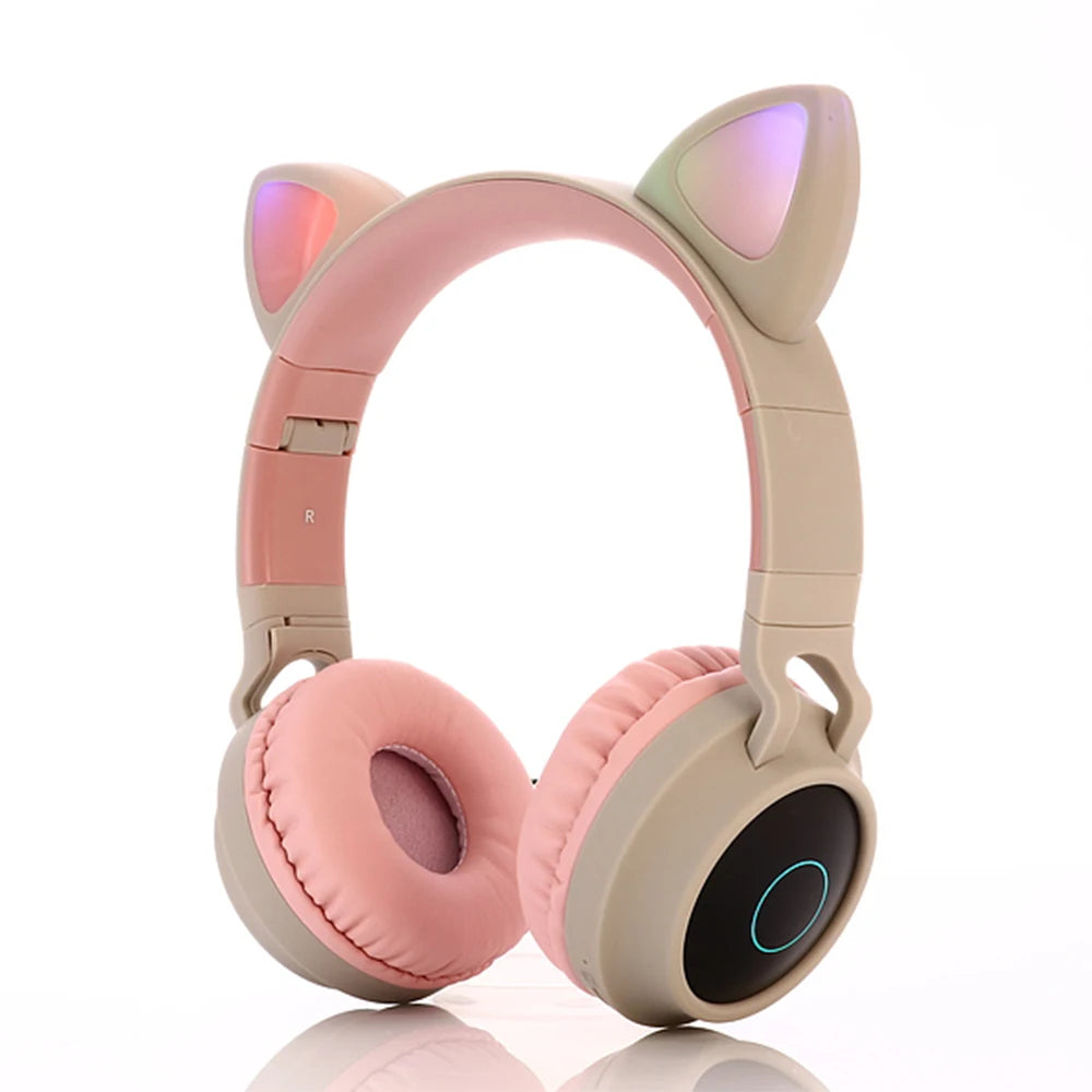 ✨ Kawaii Cat Ear Bluetooth Headphones 🎶 - Adorable LED Music Headset for Girls 💖 - Supports TF Card & FM Radio! 🌈