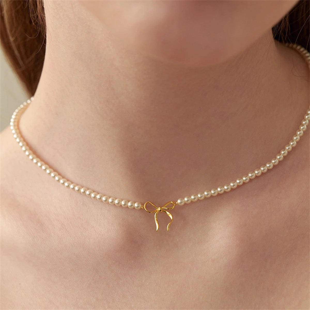 Kawaii Beaded Bow Pendant Necklace 🌟💕 - Adorable True Gold Color Tie Knot Charm for Every Occasion!