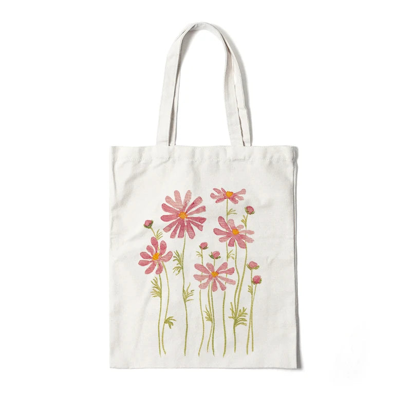 Kawaii Floral Canvas Tote 🌼💖 | Cute Eco-Friendly Shoulder Bag for School & Shopping 🌸✨