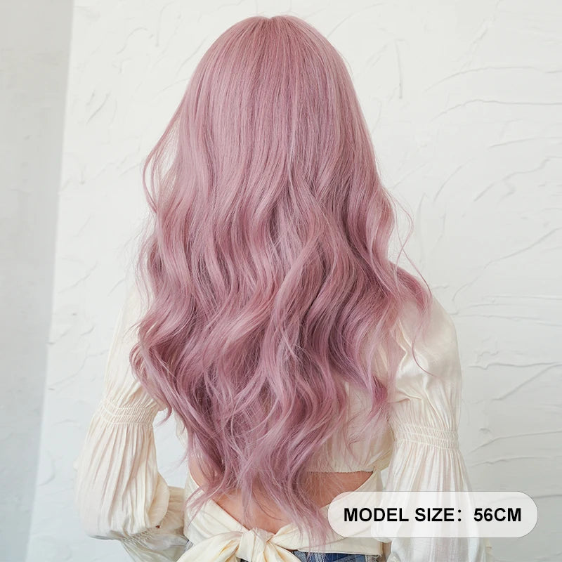 Kawaii Dreamy Sakura Pink Wavy Wig 🌸✨ | High-Density Curly Hair with Bangs for Sweet Girls 💖🎀