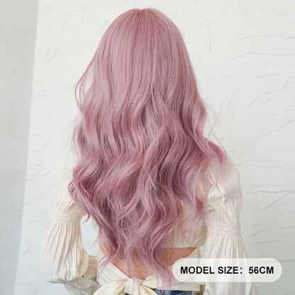Kawaii Dreamy Sakura Pink Wavy Wig 🌸✨ | High-Density Curly Hair with Bangs for Sweet Girls 💖🎀