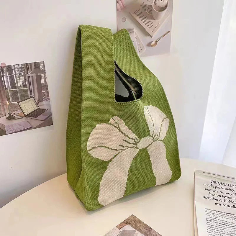 Women Handmade Knot Wrist Bag CNew Bowknot Knit Handbags asual Small Bow Tote Bag Girls Reusable Shopping Bags