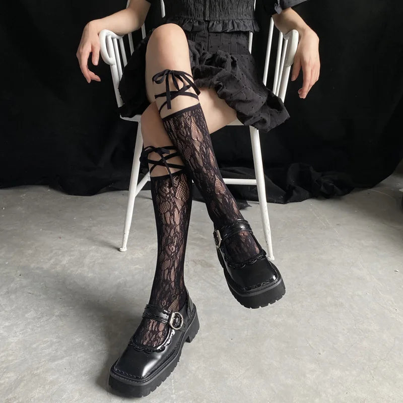 Chic Split Toe Socks With Strappy Lace Fishnet Stockings JK Lolita Knee High 😺🧦✨