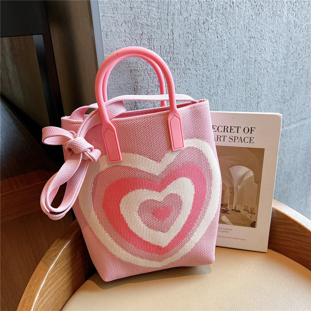 Kawaii Heart Knitted Tote Bag 🌈💕 | Stylish Women’s Crossbody & Beach Handbag 🏖️✨