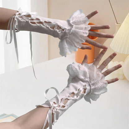 Women Lace Fingerless Gloves With Bowknot For Lolita Cosplay Arm Warmers 💗🎀