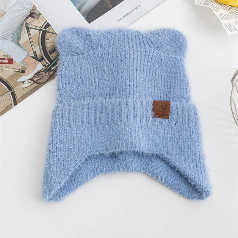 Kawaii Cat Ear Beanie 🐾✨ | Soft Candy Color Knitted Hat for Women - Cozy Faux Fur Winter Fashion 🎀