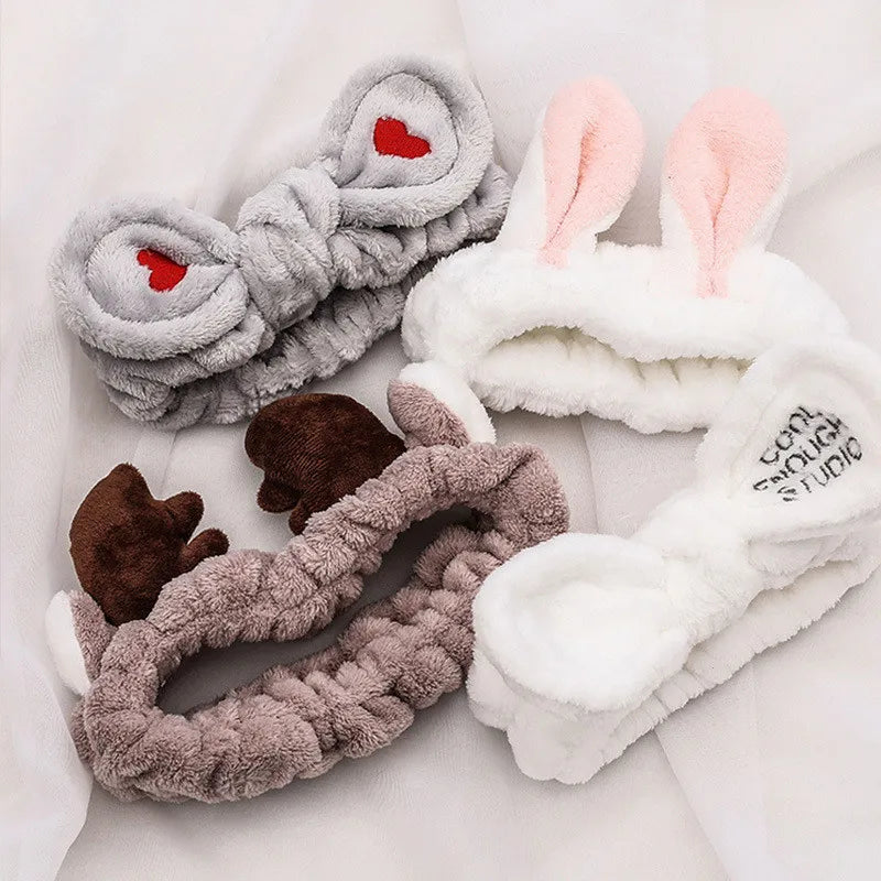 Women Wash Face Makeup Soft Coral Fleece Elastic Headband Head Wrap Cute Rabbit Bow Animal Ears Hairband Girl Hair Accessories