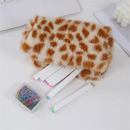 Kawaii Leopard Plush Makeup Bag 🎀✨ | Cute Travel Toiletry Kit & Lipstick Organizer 👜💄 | Adorable Pouch for Essentials & Stationery Supplies 🐆💕