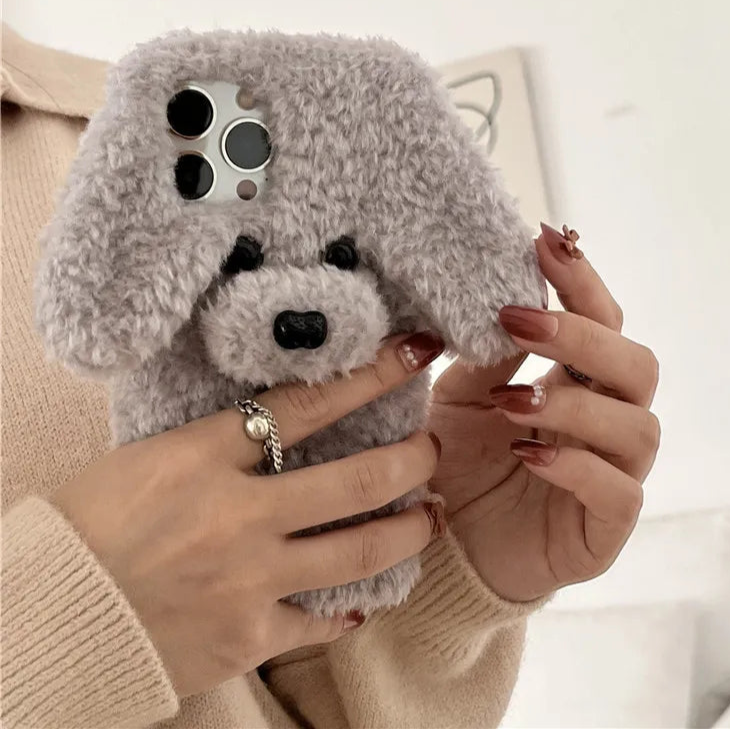 Kawaii 3D Fluffy Teddy Dog Phone Case for iPhone 16/15/14 - Adorable Plush Fur Cover 🐶✨