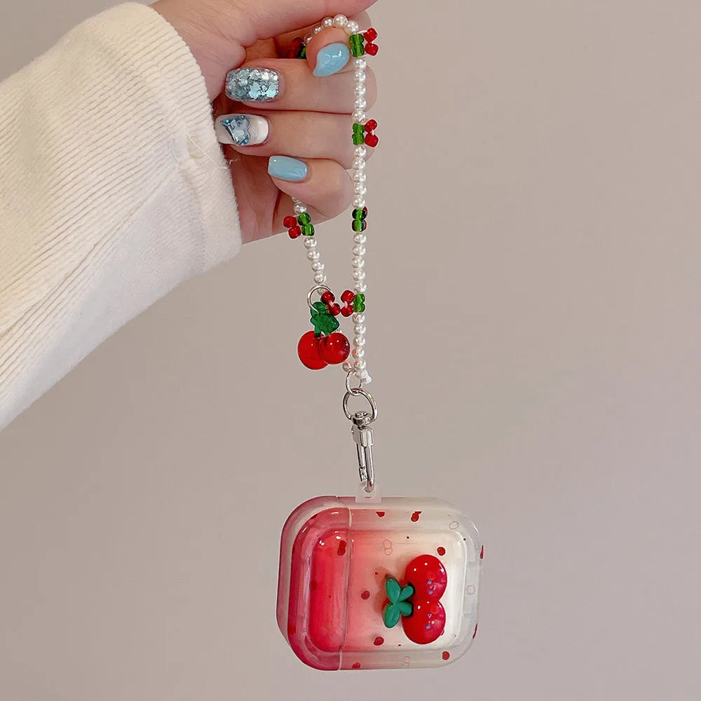 🍒 Adorable 3D Cherry TPU AirPods Case with Pearl Bracelet ✨💕 - Pixie Quill