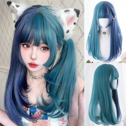 Enchanting Ombre Kawaii Wig 🌈✨ - Long Straight Lolita Style with Bangs in Glacier Blue & Blonde!