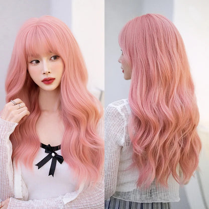Kawaii Dreamy Sakura Pink Wavy Wig 🌸✨ | High-Density Curly Hair with Bangs for Sweet Girls 💖🎀