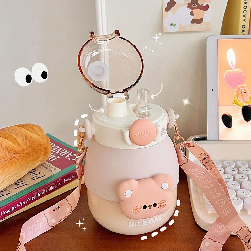 Adorable Bear 1080ml Water Bottle 🐻💖 - Fun & Functional BPA-Free Drink Buddy for Kids with Straw & Strap! 🌈✨ - Pixie Quill