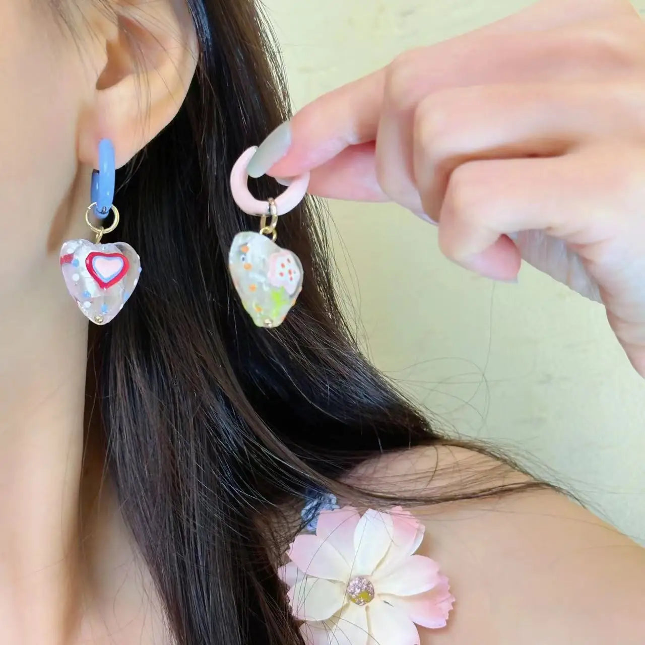 Kawaii Heart-Shaped Enamel Flower Drop Earrings 🌸💖 | Cute Handmade Hoop Jewelry for Women & Girls - Perfect Holiday Gift! 🎁✨