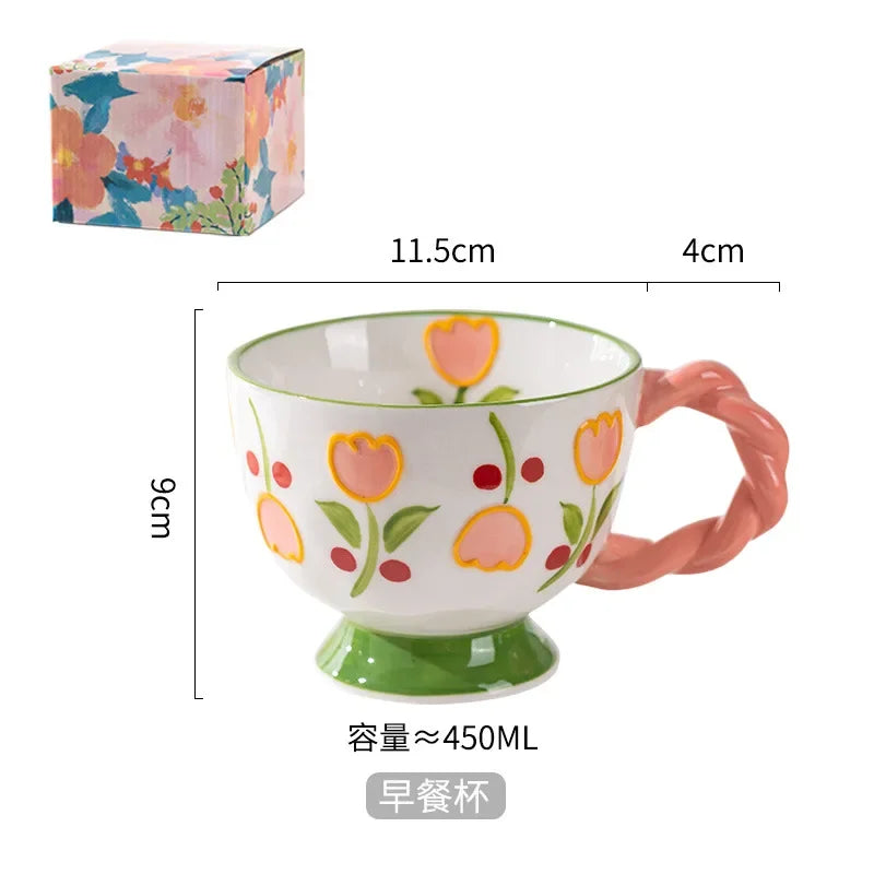 Charming Kawaii 450ml Hand-Painted Ceramic Mug ☕️✨ Cute Breakfast Oatmeal Cup for Joyful Mornings! 🎉
