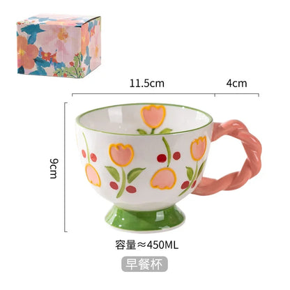 Charming Kawaii 450ml Hand-Painted Ceramic Mug ☕️✨ Cute Breakfast Oatmeal Cup for Joyful Mornings! 🎉