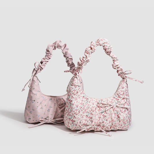 Kawaii Floral Canvas Rouched Handbag with Bow Decoration🌸✨