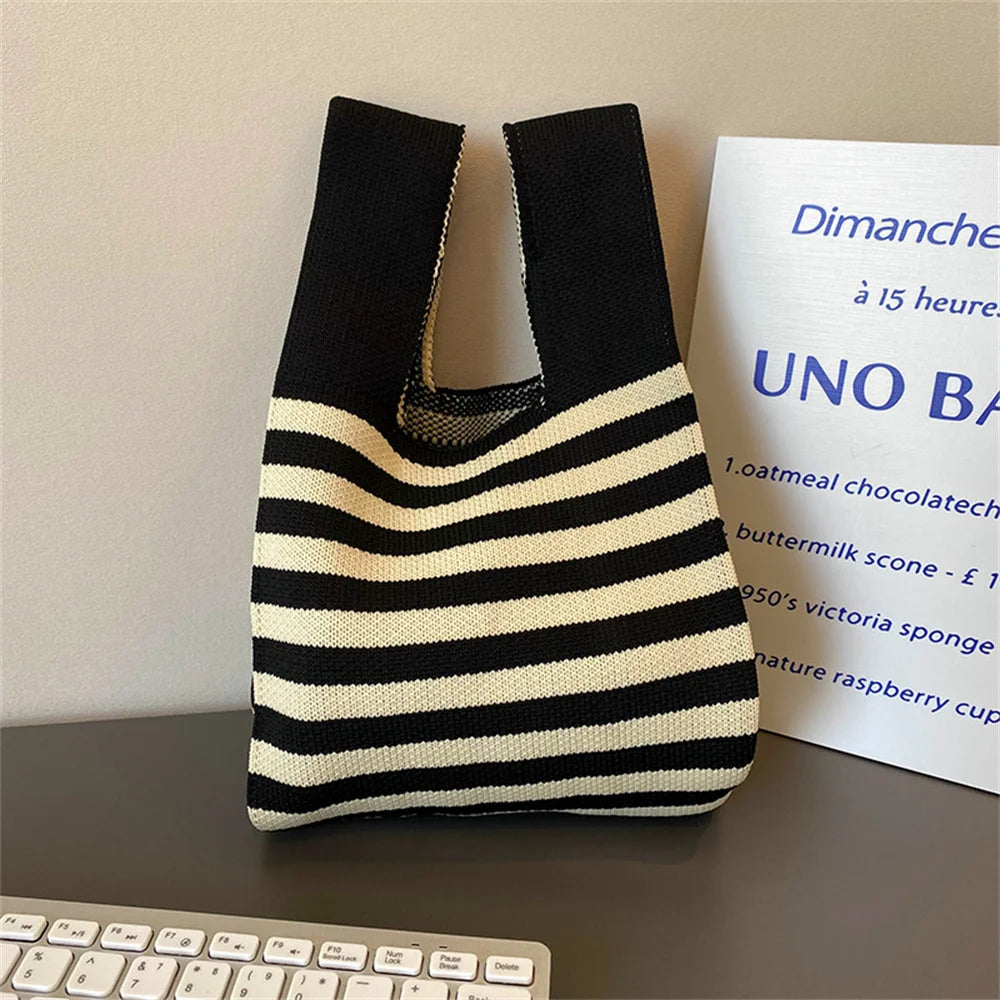 Charming Mini Stripes Tote 👜✨ - Handmade Knit Bag for Stylish Adventures! 🌟🛍️ - Pixie Quill