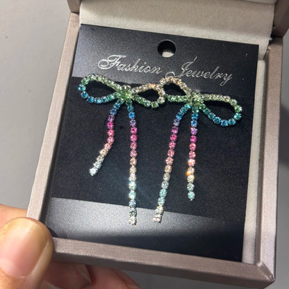 Kawaii Charm ✨ Colorful Rhinestone Bow Dangle Earrings with Long Tassels 🌈 Cute Sparkly Jewelry for Women