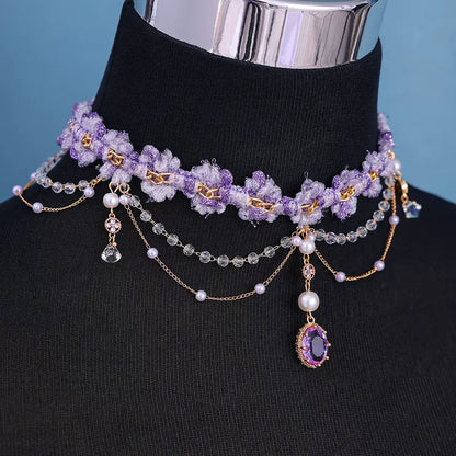 Kawaii Sparkle: Adorable Purple Rhinestone & Pearl Tassel Necklace 🌸✨ Perfect for Bridal Bliss & Wedding Charm! 💖