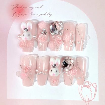 Kawaii Glittery Bear & Rabbit Press-On Nails 🎀✨ - 24Pcs Luxury Rhinestone False Nails with Jelly Glue! 🐻🐰💖