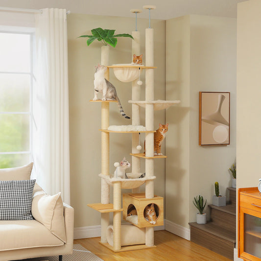 Whimsical Height Adjustable Wooden Cat Tree With Hammock And Sisal Posts 🐾 Tower
