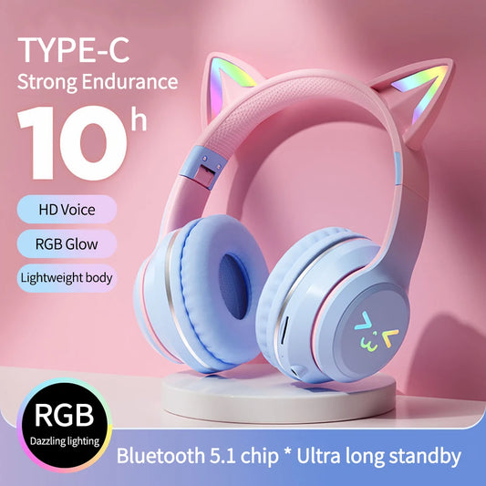 ✨ Kawaii Cat Ear Bluetooth Headphones 🎧 | RGB Glow Wireless Earphones for Kids & Teens 🎶 | Cute Stereo Sound & Mic 🐾