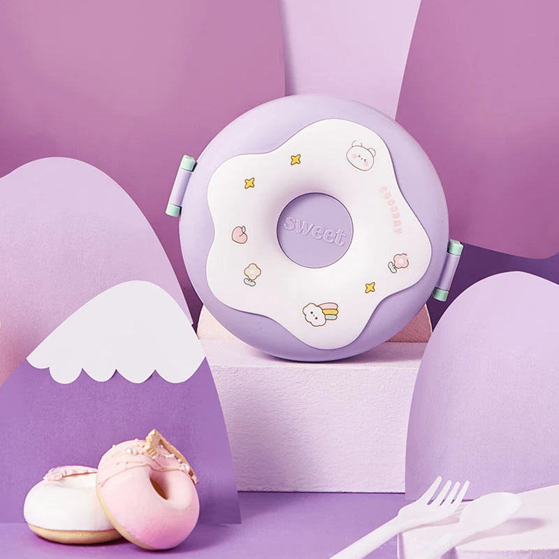 Kawaii Donut Cartoon Lunch Box 🍩✨ - Leakproof Bento Box for Kids | 3-Compartment Snack Container with Fork & Spoon 🥄🥗 | Perfect for School & Picnics!