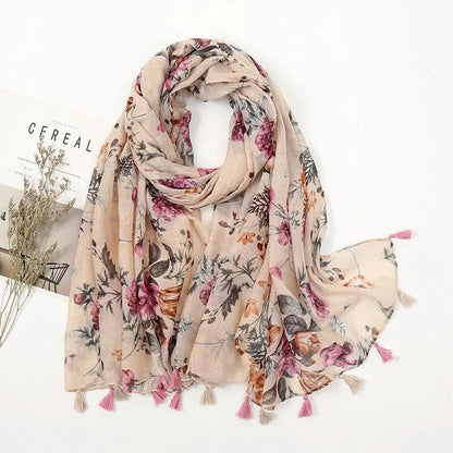 Floral Tassel Shawl For Women Sun Shield Wrap 180x90cm Cotton Viscose Hijab 🌸🧣