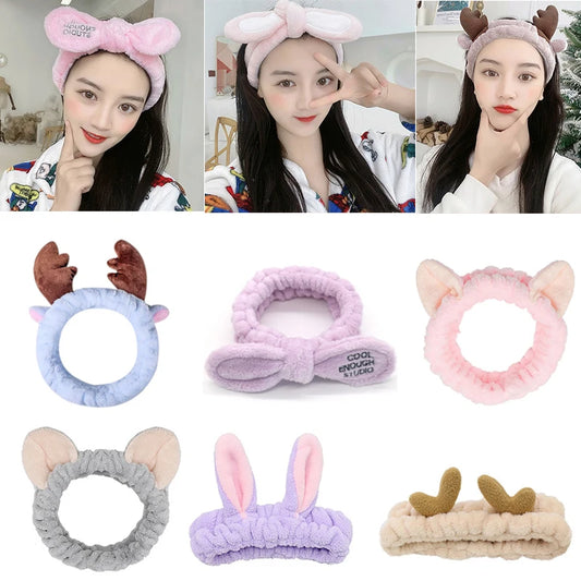 Women Wash Face Makeup Soft Coral Fleece Elastic Headband Head Wrap Cute Rabbit Bow Animal Ears Hairband Girl Hair Accessories