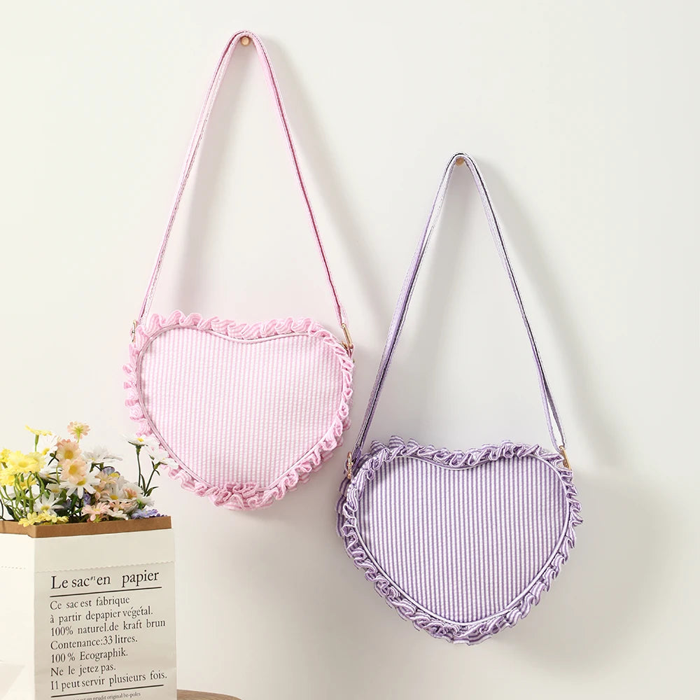 Kawaii Ruffle Heart Crossbody Bag 💖 | Cute Pink Striped Mini Purse for Girls 🌸✨ | Stylish Outdoor Travel Sling Bag 🎒