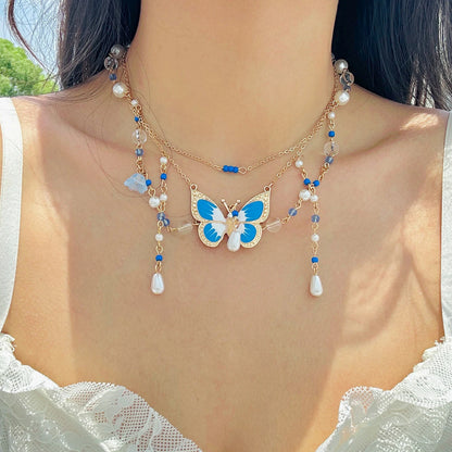 Kawaii Dreamy Butterfly Pearl Choker Necklace 🦋✨ | Trendy Multilayer Crystal Jewelry for Women 2024